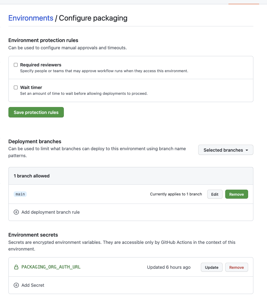 image of GitHub environment setup UI for packaging